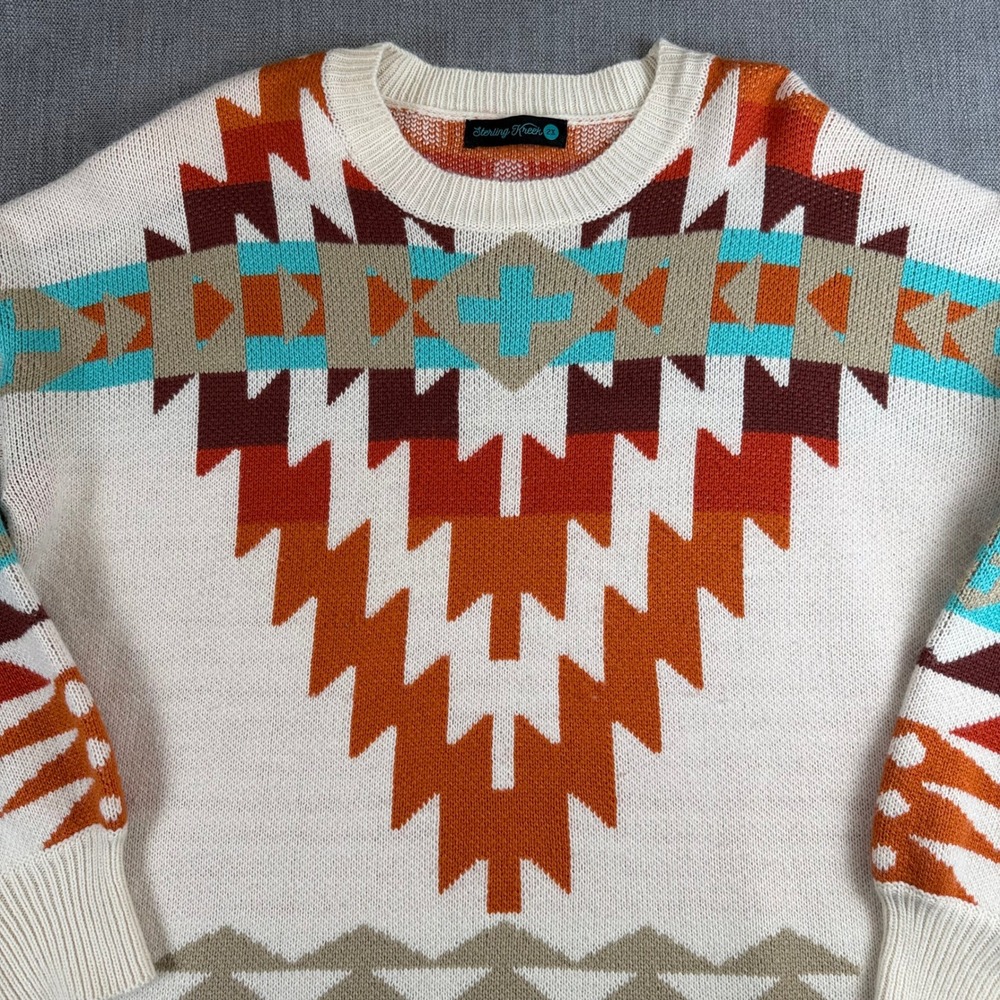 Sterling Kreek Womens Southwestern Geometric Crewneck Sweater Cream Soft 2XL - Picture 2 of 8